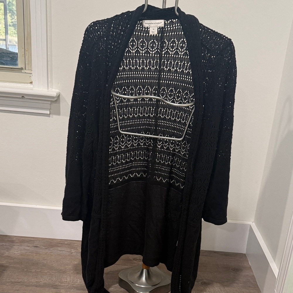 Christopher & Banks Black Open-Front Knit Cardigan with Patterned Back